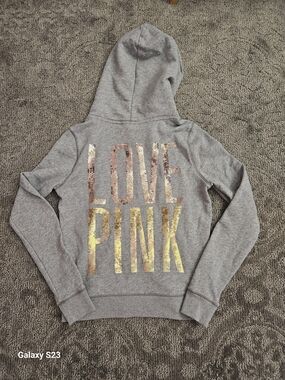 Victoria's Secret PINK gray pullover hoodie, gold and rose gold sequin Sz Med